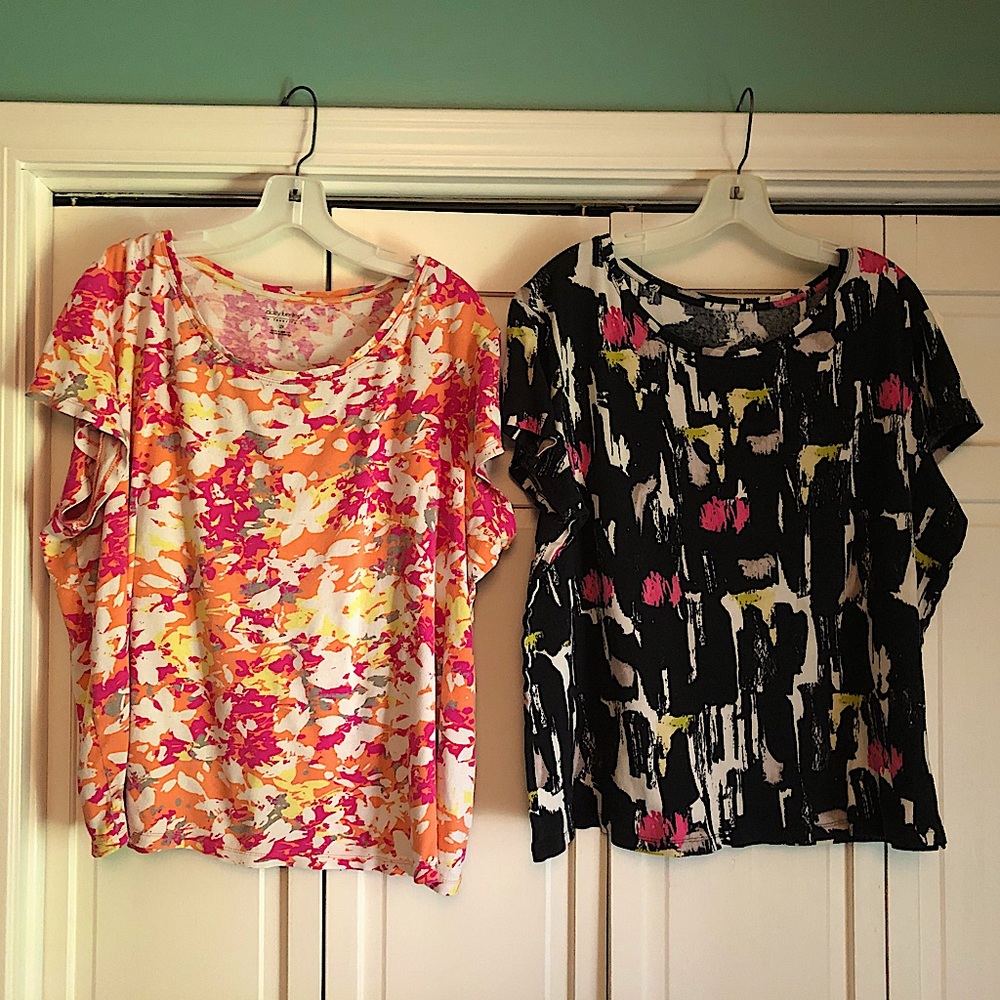 Daisy Fuentes 2X Tops Bundle 2 Piece Cap Sleeve Scoop Neck Floral Abstract - Picture 2 of 10